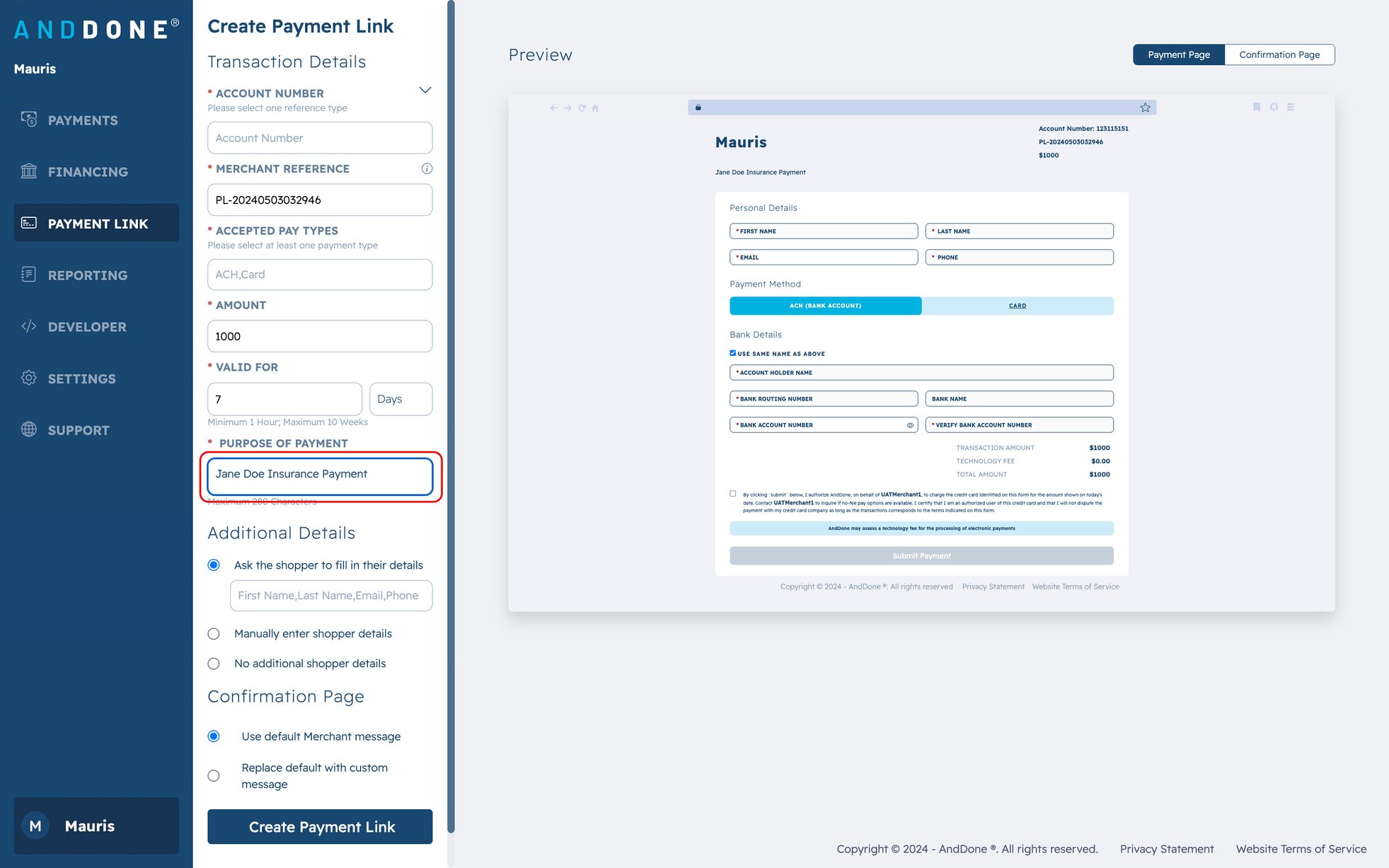 How do I create and customize a payment link?
