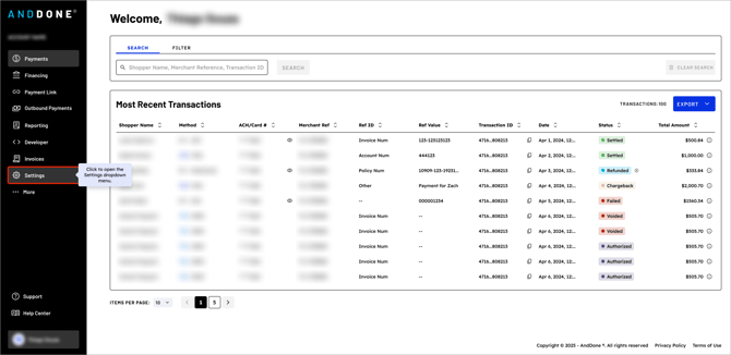 Your payments dashboard is your default home screen displaying recent payments