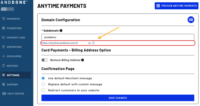 Anytime Payments Settings