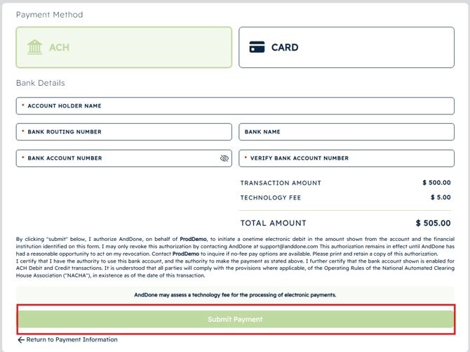 Select ACH or Card, fill out form and Submit payment 