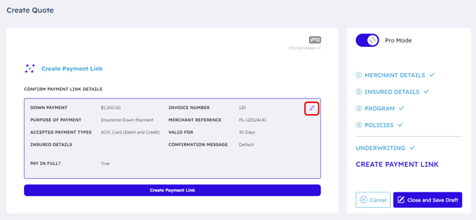 Create Quote Edit Payment Screenshot