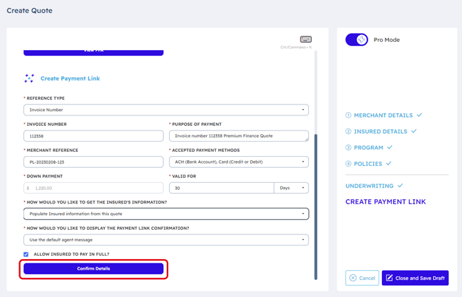 Create Payment Link Screenshot