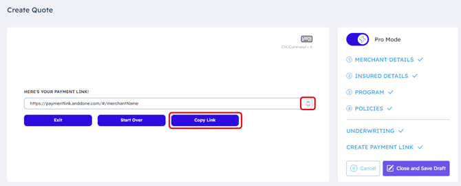 Create Quote Payment Link Screenshot