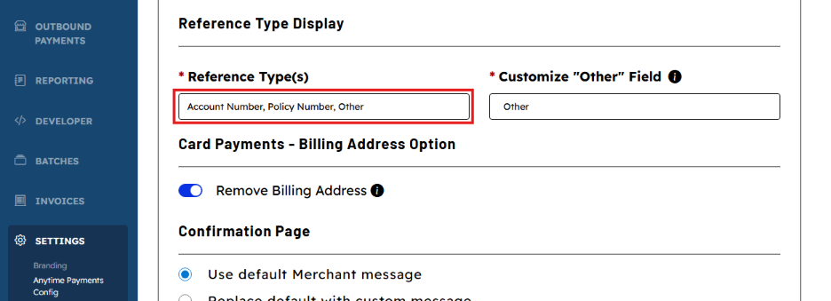 Anytime Payments – Selecting Reference Type(s)